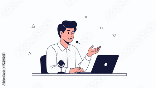 Man Talking at Microphone with Laptop - Illustration