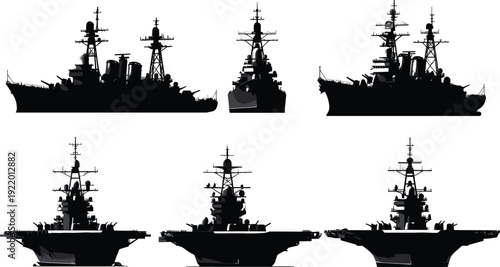 Collection of six naval warship silhouettes showing side and front views of destroyers, cruisers, and carriers with radar arrays, weapon placements, and bow structures illustration