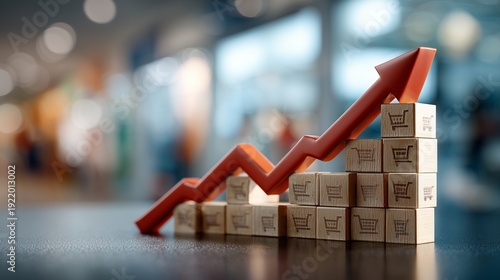 Red upward arrow rising over shopping cart icons on wooden blocks, representing high inflation, rising cost of living, and consumer market crisis.