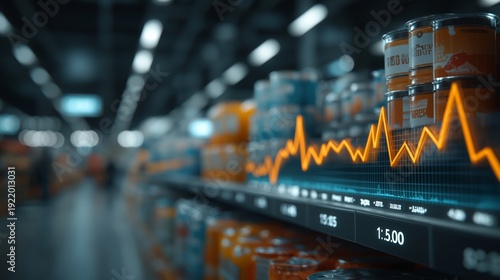 Digital growth graph on supermarket shelf with blurred consumer products. Inflation, retail price monitoring and economic data analysis.