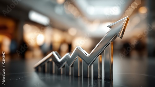 3D silver rising arrow and bar graph on blurred shopping mall background, concept of inflation and rising consumer prices.