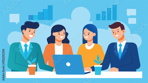 A successful business team of two men and two women smiles while collaborating on a laptop in an office.