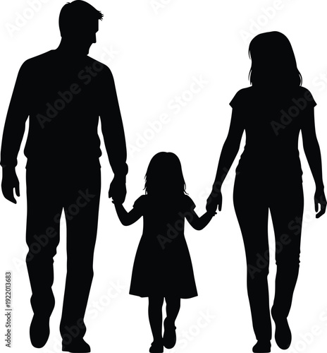 Happy family silhouette of father mother and young daughter walking together holding hands isolated on white background for unity love and togetherness concept design