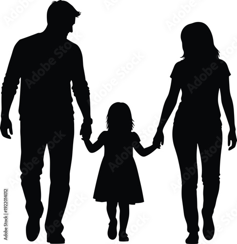 Happy family silhouette with father mother and young daughter walking together holding hands isolated on white background for unity love and togetherness concept design