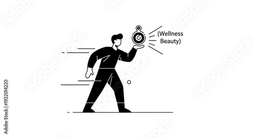 Line Art Illustration of a Person Holding a Pocket Watch Symbolizing Wellness and Beauty