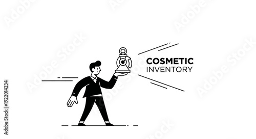 Line Art of a Businessman Holding a Lantern, Symbolizing Cosmetic Inventory and Discovery