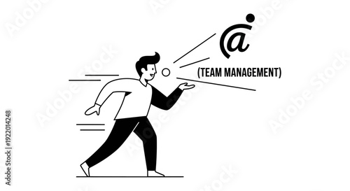 Line Art Illustration of a Business Person Announcing Team Management Concepts with an '@' Symbol