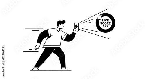 Line Art Illustration of a Person Holding a Smartphone with a Live Score App Showing