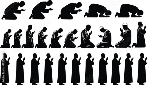 Muslim Men Silhouettes Performing Islamic Prayer Salah Positions Including Standing Kneeling and Prostrating Set Isolated on White Background for Religious Design