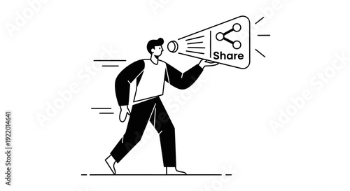 Line Art Illustration of a Person Holding a Megaphone with Share Icon and Broadcasting Symbol
