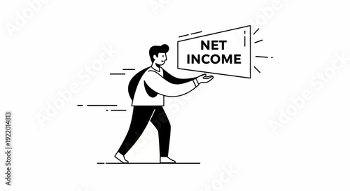 Business Concept Line Art Illustration of Man Holding a Sign with Net Income Text