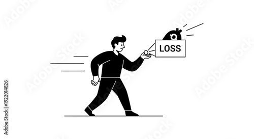 Line Art Illustration of a Man Running with a Box Labeled 'Loss'