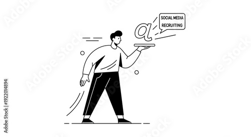 Line Art Illustration of Man Holding a Tray with Social Media Recruiting and an Ampersand Symbol