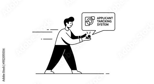 Line Art Illustration of Person Using Applicant Tracking System on Mobile Device