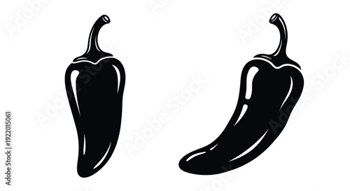 Two black chili peppers displayed against a white background silhouette