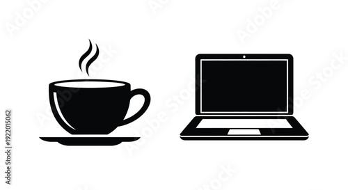 Coffee cup and laptop displayed as a bold black silhouette