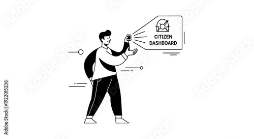 Line Art Illustration of Citizen Using Digital Dashboard on Mobile Device for Civic Engagement