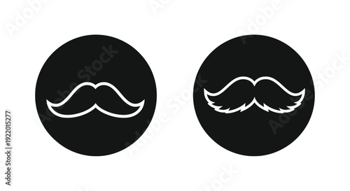 Two circular icons featuring stylized mustaches a minimalist silhouette