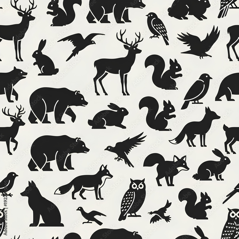 Obraz premium Seamless Pattern of Forest Animals Silhouettes on Cream Background 7.