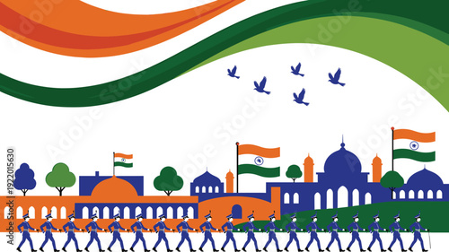 Illustration of Indian soldiers marching with national flags, colorful cityscape landmarks, flying birds, and tricolor bands symbolizing patriotism, freedom, and Republic Day celebration concept