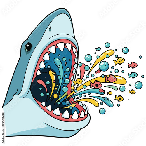 Shark illustration features a joyful aquatic creature with an open mouth releasing a playful spray of vibrant fish and cheerful bubbles