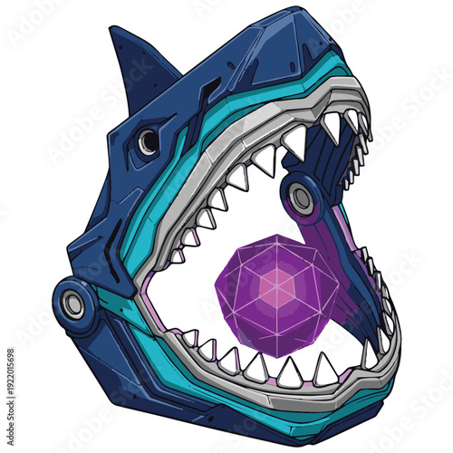 Shark futuristic robotic head with its menacing jaws wide open revealing a glowing purple multifaceted orb This powerful cyborg creature holds a mystical energy source