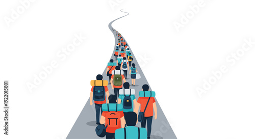 A very long and dense line of diverse people, viewed from behind, carrying large backpacks, are walking along a straight road on a white background.