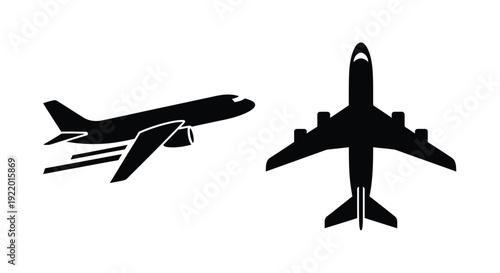 Two black airplane silhouettes in different orientations silhouette