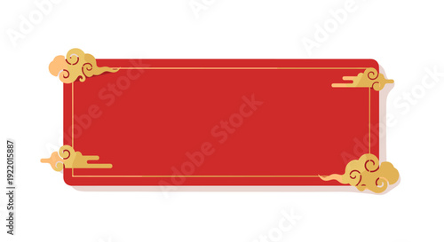 A vibrant red rectangular banner with elegant golden ornate clouds at each corner and along the borders, featuring a soft shadow below.