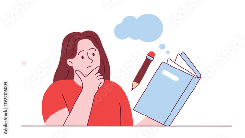 A thoughtful woman in a red shirt with her hand on her chin, pondering next to a book and a floating pen.