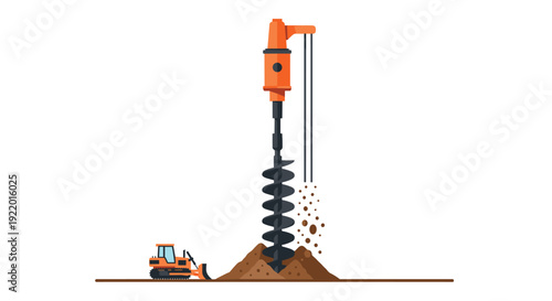 An orange industrial drilling rig with a large auger actively boring into a brown mound of earth, with a small yellow bulldozer nearby.
