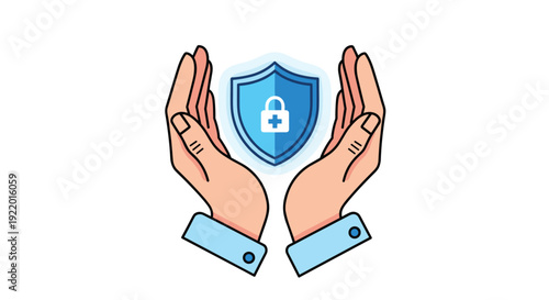 Two human hands gently cradling a bright blue shield icon that contains a white padlock and a small white medical cross symbol.