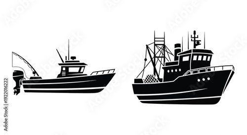 Two fishing boats depicted in a striking black silhouette