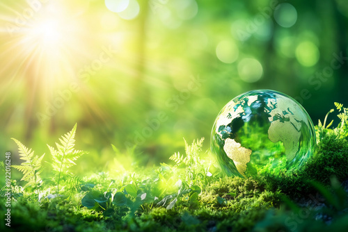 Glass globe resting on moss in sunlit forest, environmental protection concept, sustainable planet idea, green earth symbol, climate awareness background with natural light rays and fresh foliage