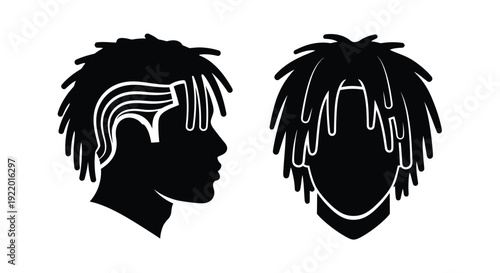 Two black silhouettes of men with distinct hairstyles silhouette