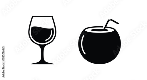 Black silhouettes of a wine glass and coconut drink