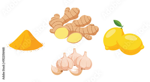 A selection of natural ingredients including a pile of yellow turmeric powder, ginger roots, garlic cloves, and two fresh lemons.