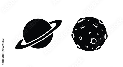 Planetary bodies with rings and craters a stark silhouette