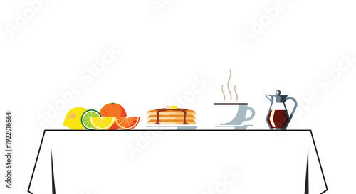A delicious breakfast spread on a white tablecloth, featuring fluffy pancakes with butter, a coffee cup, syrup, and fresh citrus fruits.