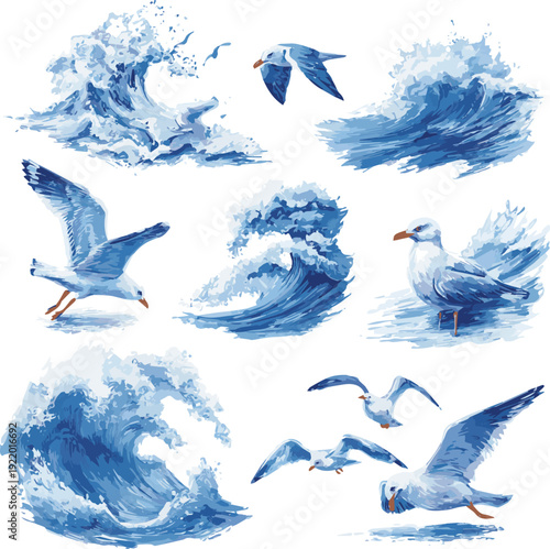 Create a different kinds of collection of icons with sea waves and seagulls vector art with white background