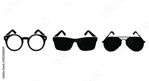 A row of different style sunglasses in a black silhouette