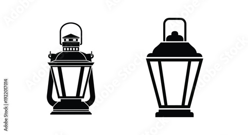 Two vintage lanterns depicted in a stark black silhouette