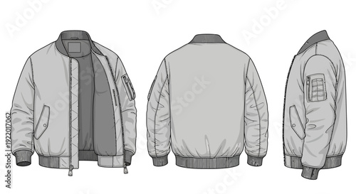 Fashion Bomber Jacket Design Template, Front, Back and Side Views for Apparel Illustration