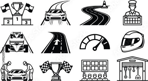 Collection of twelve black and white car racing icons featuring podium, race cars, speedometer, helmet, mechanics, trophies, scoreboard, and garage tools representing motorsport competition and speed 