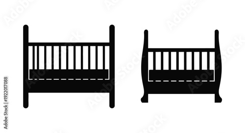 Two baby cribs depicted in a stark black silhouette