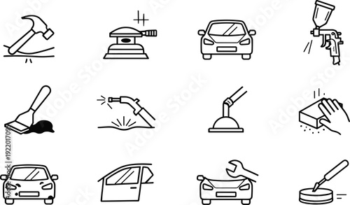 Collection of twelve black and white auto body repair icons featuring tools, welding, painting, dent removal, cleaning, polishing, and mechanical service representing car maintenance workshop concept