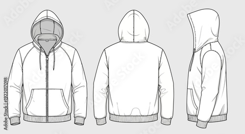Front, back, and side view of a blank zip-up hooded sweatshirt