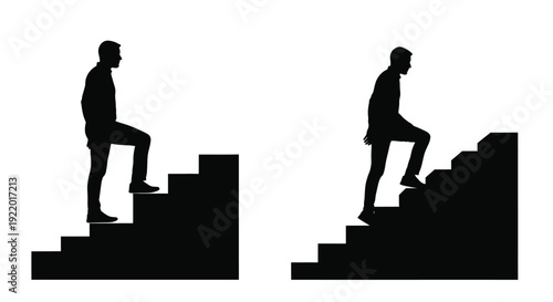 Two men climbing stairs depicted in a stark black silhouette