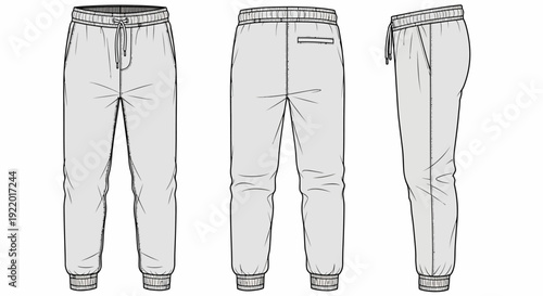Men's Jogger Sweatpants Fashion Flat Technical Drawing Front Back Side Views