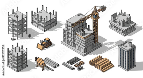 Isometric Construction Elements Vector Set: Building Stages, Crane, Bulldozer, Mixer, and Materials for Architecture & Urban Development Projects